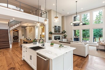 Kitchen and living room interior in new luxury home with open concept floor plan. Features large island with farmhouse sink, hardwood floors, and stairs to second story