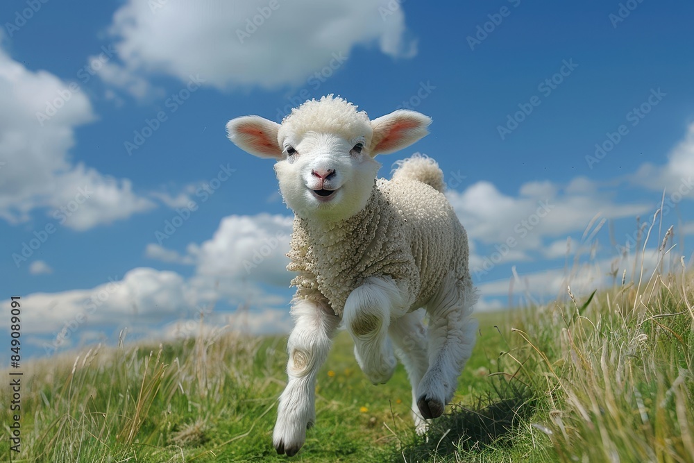 Wall mural Baby Lamb: A fluffy white lamb, frolicking in a green pasture under a bright blue sky. 