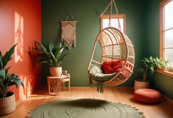 interior design style- reading nook with a hanging rattan chair, cozy floor pouf, and a macrame wall hanging