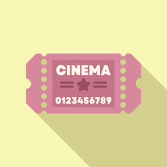 Pink cinema ticket lying on a yellow background with a long shadow