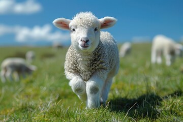Obraz premium Baby Lamb: A fluffy white lamb, frolicking in a green pasture under a bright blue sky. 