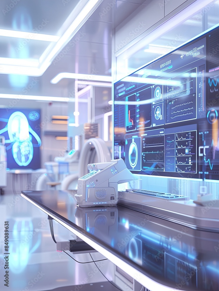 Poster a futuristic medical laboratory showcasing advanced technology, including a large screen displaying 