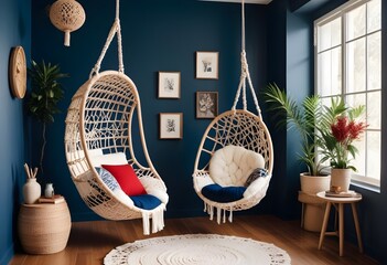 interior design style- reading nook with a hanging rattan chair, cozy floor pouf, and a macrame wall hanging