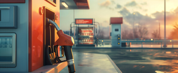 Fototapeta premium Promotional material featuring a 3D fuel pump at a gas station, advertising discounts and showcasing a refueling gun dispensing petroleum to a bank of crude diesel