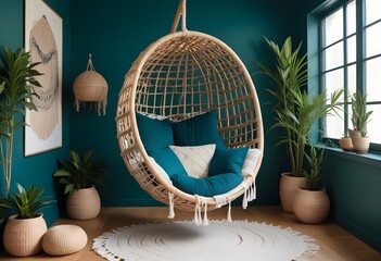 interior design style- reading nook with a hanging rattan chair, cozy floor pouf, and a macrame wall hanging