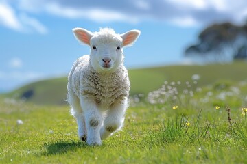Fototapeta premium Baby Lamb: A fluffy white lamb, frolicking in a green pasture under a bright blue sky. 