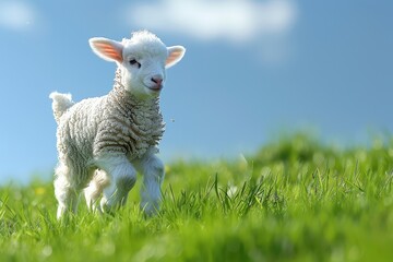 Fototapeta premium Baby Lamb: A fluffy white lamb, frolicking in a green pasture under a bright blue sky. 