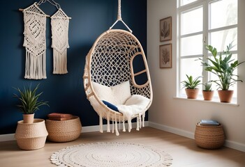 interior design style- reading nook with a hanging rattan chair, cozy floor pouf, and a macrame wall hanging