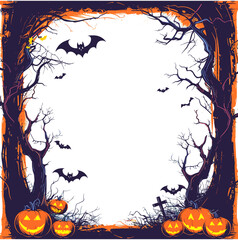 Halloween poster illustration with bats, Jack O' Lanterns, and night frame, spooky vector art, holiday decoration