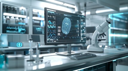 A sterile and modern medical laboratory featuring a high-tech scanner displaying patient data on a large screen, showcasing the use of AI in advanced medical diagnostics. Generative AI