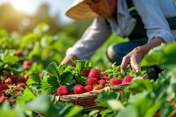Farmer harvesting freshly picked red strawberries in the garden. Fresh berries