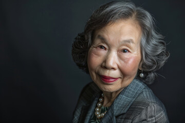 Close-up portrait of elderly Asian woman, studio photo
