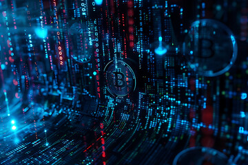 Obraz premium different cryptocurrency coins against a tech binary abstract background, combining digital currency symbols with streams of binary code, showcasing the intersection of technology and finance