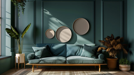 A mid-century Scandinavian home interior featuring a green sofa against a dark teal wall adorned with decorative circles as wall decor, creating a modern and inviting atmosphere