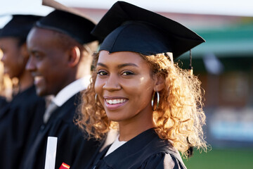 Happy black woman, student and graduation class with group at ceremony for education, qualification or future. Portrait of person and scholar with smile for diploma, certificate or degree on campus