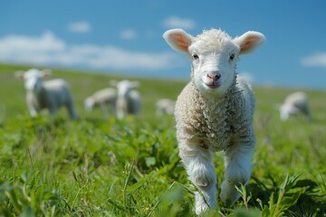 Fototapeta premium Baby Lamb: A fluffy white lamb, frolicking in a green pasture under a bright blue sky. 