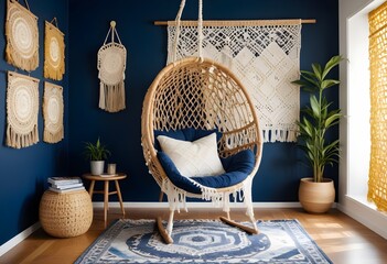 interior design style- reading nook with a hanging rattan chair, cozy floor pouf, and a macrame wall hanging