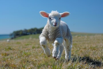 Obraz premium Baby Lamb: A fluffy white lamb, frolicking in a green pasture under a bright blue sky. 