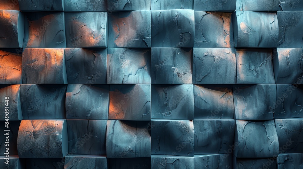 Poster artistic image of a sculpted 3d wall with blue tones and soft lighting, creating a calming and moder