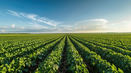 A vast, green soybean field stretches towards the horizon under a bright blue sky with wispy clouds.
