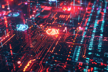 Fototapeta premium different cryptocurrency coins against a tech binary abstract background, combining digital currency symbols with streams of binary code, showcasing the intersection of technology and finance