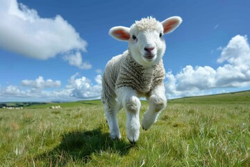 Fototapeta premium Baby Lamb: A fluffy white lamb, frolicking in a green pasture under a bright blue sky. 