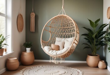 interior design style- reading nook with a hanging rattan chair, cozy floor pouf, and a macrame wall hanging