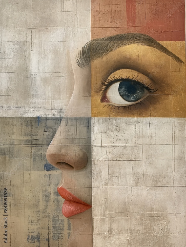 Poster abstract portrait painting with colorful grid patterns and detailed eye on textured canvas.
