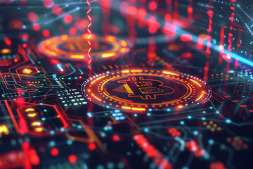different cryptocurrency coins against a tech binary abstract background, combining digital currency symbols with streams of binary code, showcasing the intersection of technology and finance