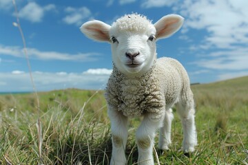 Obraz premium Baby Lamb: A fluffy white lamb, frolicking in a green pasture under a bright blue sky. 