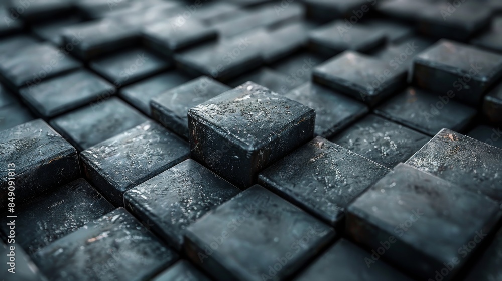 Poster this image displays a close-up view of metallic cubes with a wet surface, showcasing texture and det