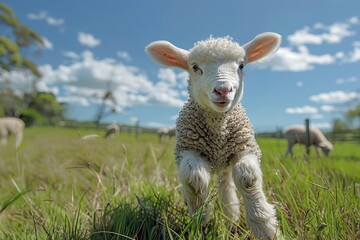 Obraz premium Baby Lamb: A fluffy white lamb, frolicking in a green pasture under a bright blue sky. 