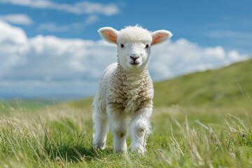 Fototapeta premium Baby Lamb: A fluffy white lamb, frolicking in a green pasture under a bright blue sky. 