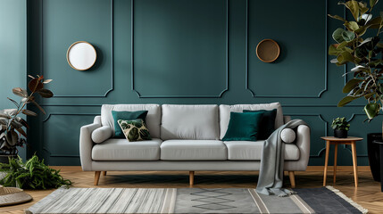 A midcentury Scandinavian home interior featuring a grey sofa against a dark teal wall, adorned with decorative circles as wall decor, creating a stylish and cozy ambiance