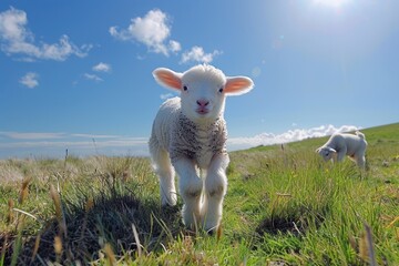 Fototapeta premium Baby Lamb: A fluffy white lamb, frolicking in a green pasture under a bright blue sky. 