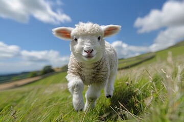 Obraz premium Baby Lamb: A fluffy white lamb, frolicking in a green pasture under a bright blue sky. 