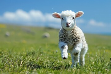 Fototapeta premium Baby Lamb: A fluffy white lamb, frolicking in a green pasture under a bright blue sky. 