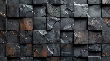 Close-up view of black stone cubes with artistic orange details arranged in a stylish, modern...