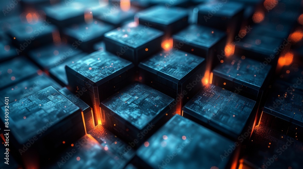 Poster artistic rendering of glowing red cubes with a dark background creates a tech or futuristic feel