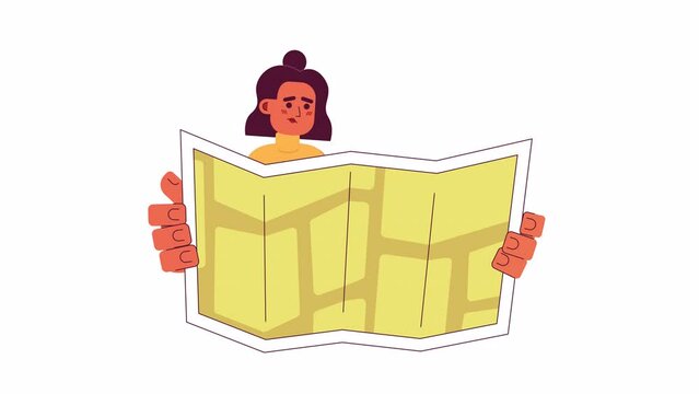 Latin american woman holding map 2D character animation. Seeking location flat cartoon 4K video, transparent alpha channel. Hispanic female getting lost animated person on white background