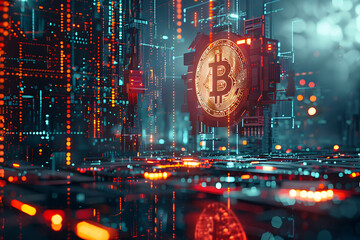 different cryptocurrency coins against a tech binary abstract background, combining digital currency symbols with streams of binary code, showcasing the intersection of technology and finance