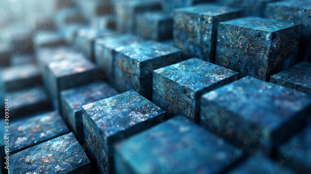 Poster close-up image of blue textured cubes with a dreamy, bokeh effect, giving an abstract and artistic f