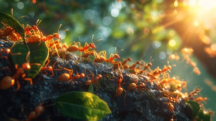 Obraz premium Image of ants traversing a rugged, sunlit terrain, highlighting their teamwork and determination