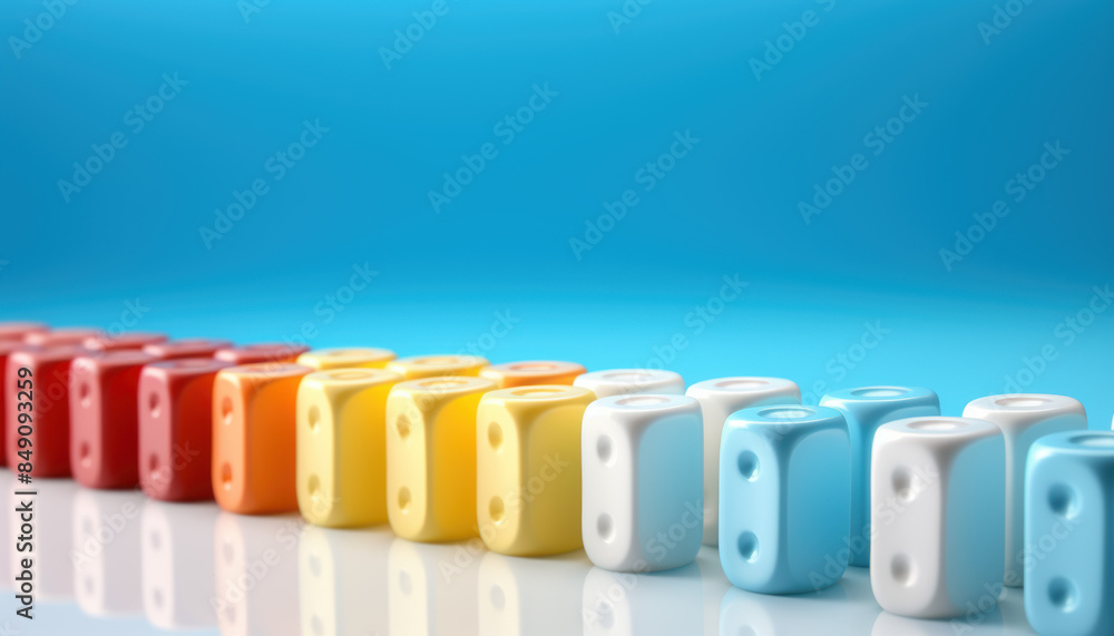 Poster a row of colorful dice are lined up on a white background