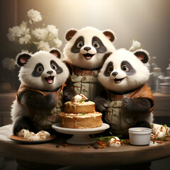 Obraz premium Panda bear family with cake and ice cream. 3d rendering