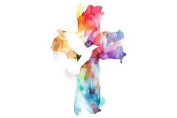 colorful watercolor drawing of christian cross with dove of peace isolated on white or transparent png