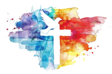 colorful watercolor drawing of christian cross with dove of peace isolated on white or transparent png