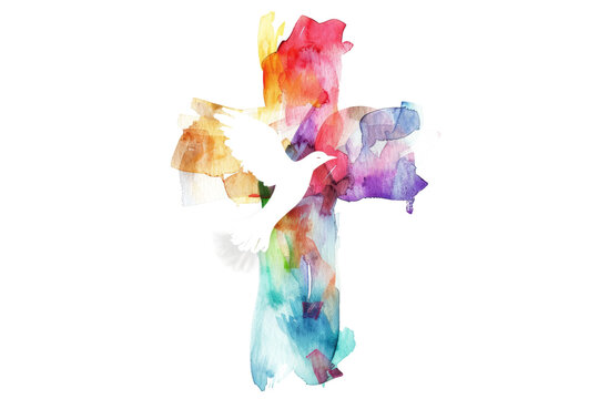 colorful watercolor drawing of christian cross with dove of peace isolated on white or transparent png