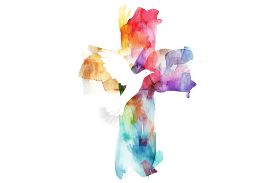 colorful watercolor drawing of christian cross with dove of peace isolated on white or transparent png