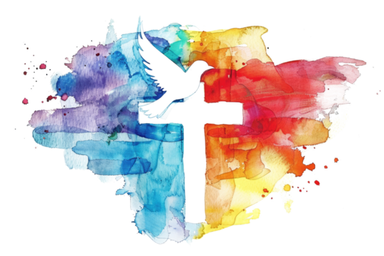 colorful watercolor drawing of christian cross with dove of peace isolated on white or transparent png